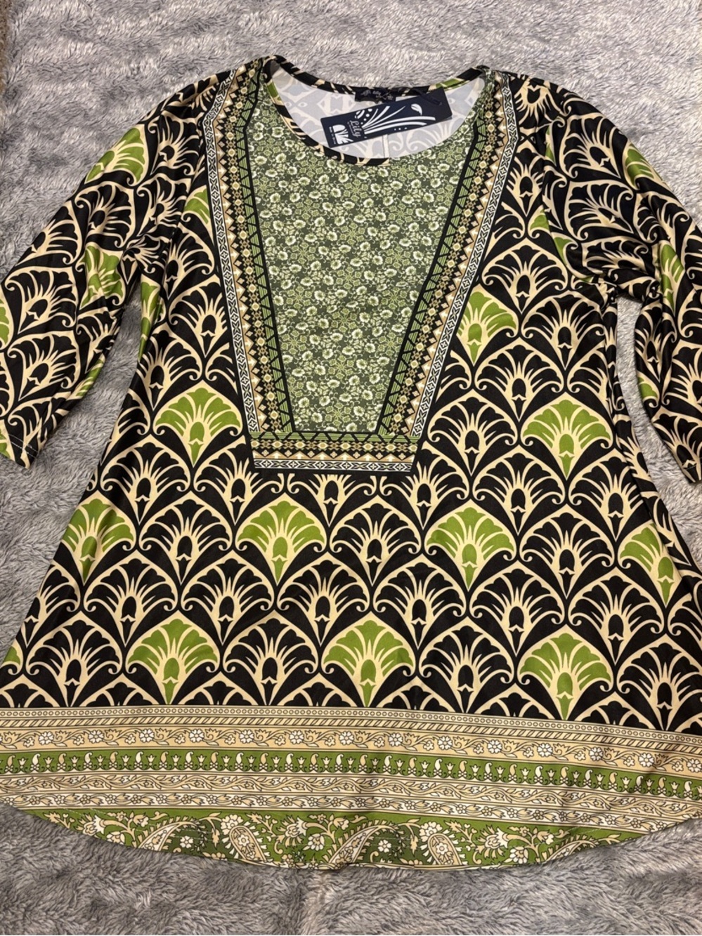 Green & Black Printed Tunic Top, Lily by Firmiana V-Panel Design size L